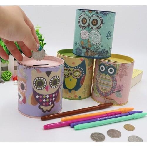 2021 Creative Owl Tinplate Piggy Bank Cartoon Cute Storage Pen Holder Home Decoration Children Storage Piggy Bank Metal Crafts