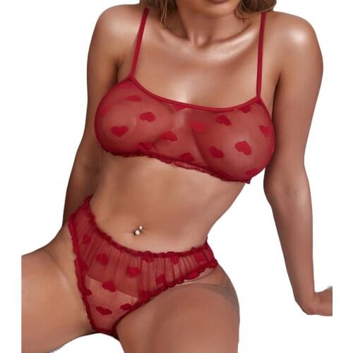 2021 Fashion 2Pcs Adult Sexy Lingerie Set Female Heart Print Sheer Bra Spaghetti Strap Vest Tops Low-Waist Transparent Briefs