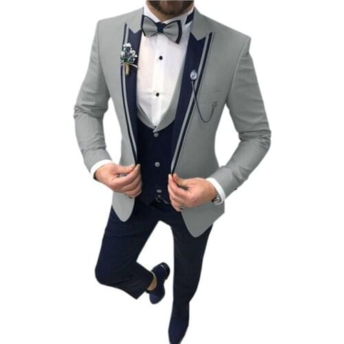 2021 Gray Slim Fit One Button Red Groom Tuxedos Groomsmen Mens Wedding Suits 3 Piece Prom Bridegroom (Jacket+Pants+Vest)