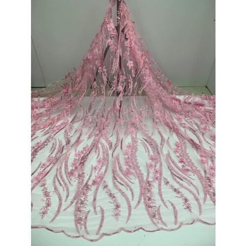 5yards/pc) High quality African 3D flowers French lace fabric with beads pink tulle lace for charming party dress FJL035