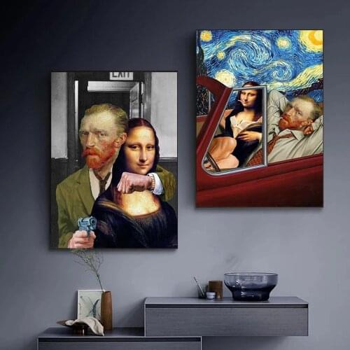 Abstract Funny Canvas Paintings Van Gogh and Mona Lisa Smoking Posters and Prints Wall Art Picture for Living Room Home Decor