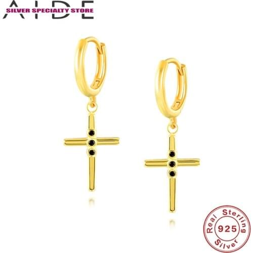 AIDE Black Zircon Cross Hoop Earring 925 Sterling Silver Earrings For Women 2020 Piercing Earrings Fine Jewelry Pendientes Arete