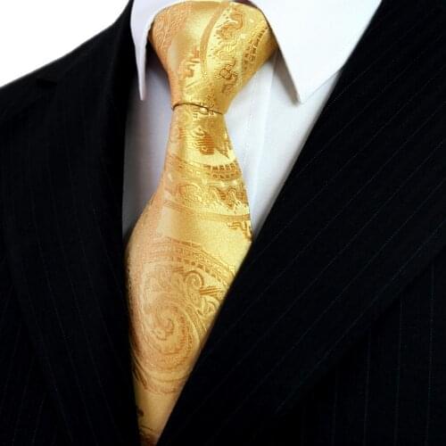 Free Shipping Paisley Solid Gold Yellow Mens Ties Neckties Hanky 100% Silk Jacquard Woven Casual Business Wedding Suit Gift