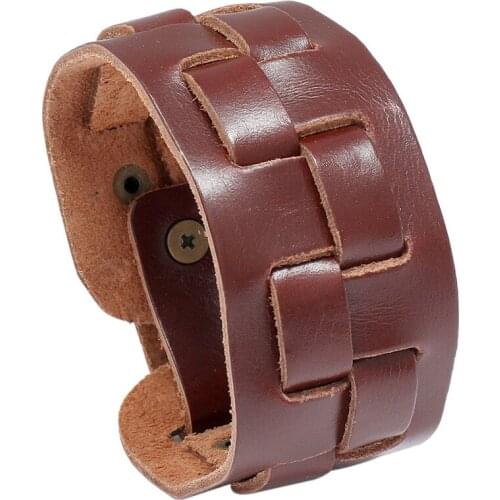 Handmade Cuff Bangle Jewelry Woven Flat Genuine Leather Bracelet Black Brown Color Wrap Bracelet Gift Men Women