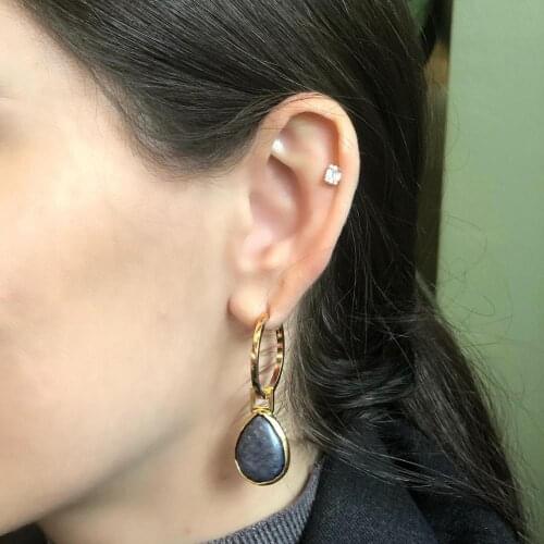 GULCE DERELI, GRAY NATURAL STONE EARRINGS, HOOP EARRINGS, CHARM EARRINGS, GIFT BOX, GOLD/SILVER PLATED