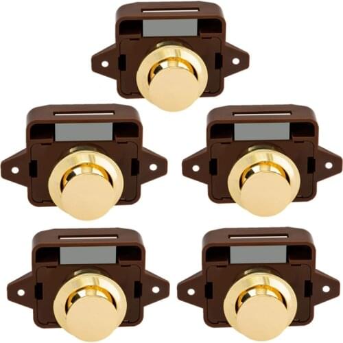 Hot 5Pcs Keyless Push Button Catch Door Knob Lock for RV Caravan Cabinet Boat Motor Home Cupboard, Brown Gold