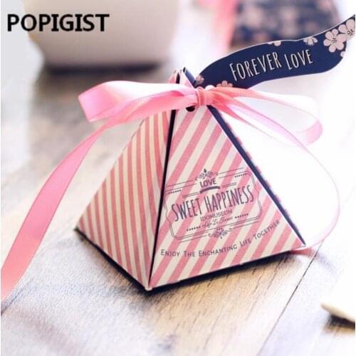Creative Floral Printed Striped Triangular Pyramid Party Gift Box Wedding Favors Candy Boxes Bomboniera+Ribbons+Tags