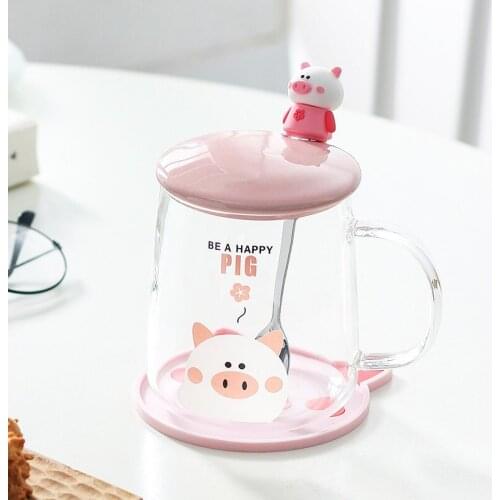 Cute Cartoon Glass Coffee Mug Creative Transparent Office Teacup with Cover and Spoon Household Heat Resistant Milk Juice Cup