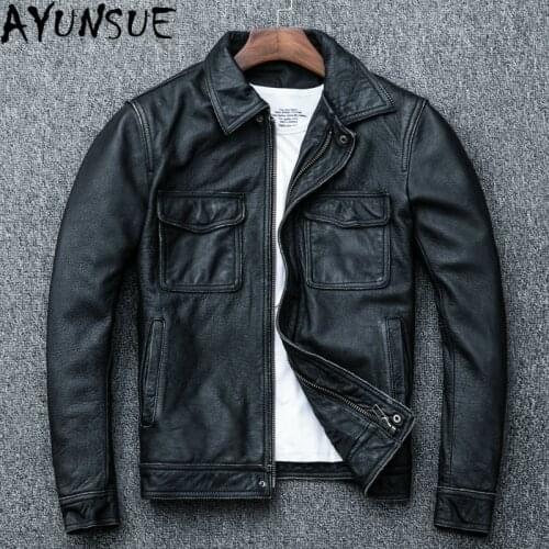 AYUNSUE Genuine Leather Jacket Men Vintage Mens Cow Leather Jacket Spring Leather Coat Casacos Masculino 1826 Pph474
