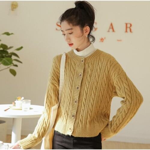 2020 Autumn Winter New Women Long Sleeve Cardigans Coats Korean Style Cute Hemp Flowers Knitted Sweater