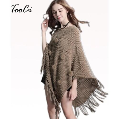 New Autumn Winter Women Poncho Sweater Lady Tassels Poncho Khaki Long Knitted Pullovers Knitted Cape Coat
