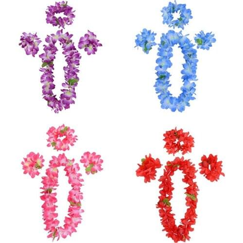 Hawaiian Leis Flower Set Tropical Hawaii Flower Wreath Necklaces Holiday Wedding Beach Party Birthday Luau Party Decoration