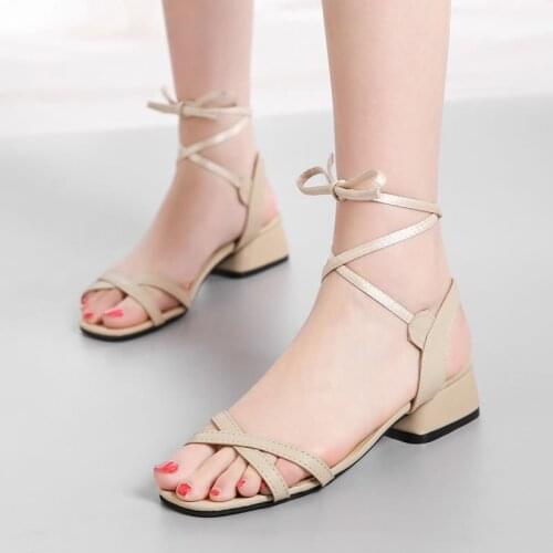 Summer Sandals Female Students Rome Bow Knot Women Shoes 2020 New Solid Flock Lace Up Square Low Heels Shoes Woman Plus Size