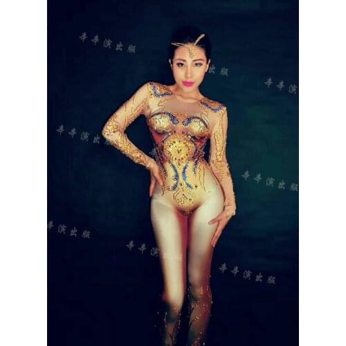 DJ Sexy Leggings Gold Blue Crystals Bodysuit Flashing Prom Outfit Shining Birthday Party Rompers Costume Women Evening Wear