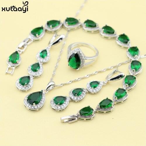 XUTAAYI Top Quality 925 Silver Jewelry Sets Green Imitated Emerald Fancy Necklace/Rings/Earrings/Bracelet Wedding Jewelry Sets