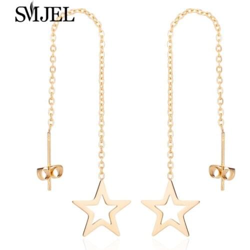 SMJEL Korean New Star Earings Rose Gold Circle Drop Earrings For Women Fashion Long Chain Pendientes Girl Jewelry Gift
