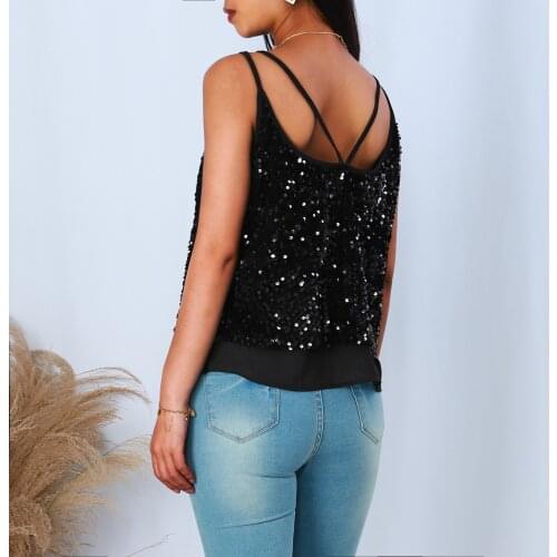 Womens Sequin Tank Top Spaghetti Strap Sparkle Shimmer Camisole Party Club Vest Streetwear T-shirt Female Top Fashion Camis Y2k