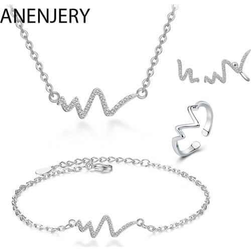 ANENJERY 925 Sterling Silver Jewelry Sets Zircon Heartbeat Curves Necklace+Earrings+Ring+Bracelet For Women Wedding Jewelry