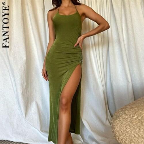Fantoye Sexy High Split Lace Up Women Dress Green Bodycon Backless Fashion Long Dresses Ladies Autumn Skinny Party Wear Vestidos