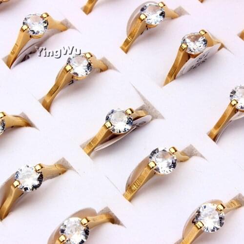 Yingwu Top Quality Concise Wedding Rhinestone Stainless Steel Rings Gold Engagement Ring Jewelry 5pcs Lot Wholesale