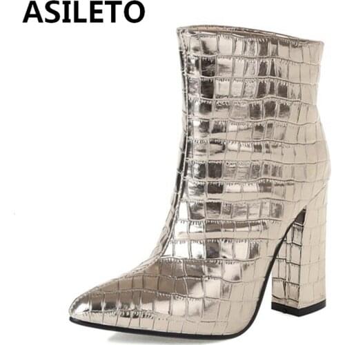 ASILETO 2021 Autumn Fashion Boots Alligator Texture Pointed Toe Short Plush Slip On 10.5cm Chunky Heel US12 White Gold A4347