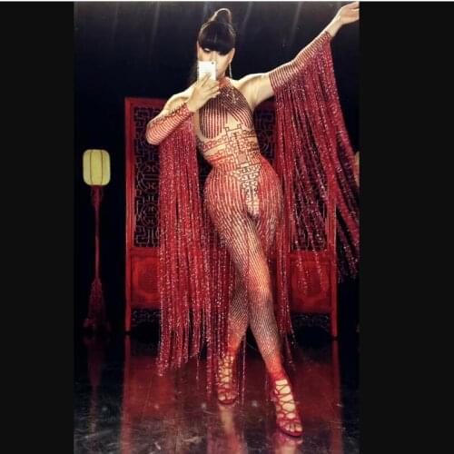 Sparkly Crystals Red Tassels Jumpsuit Sexy Nightclub Female DJ Singer Costume Prom Party Catwalk Performance Stage Bodysuit