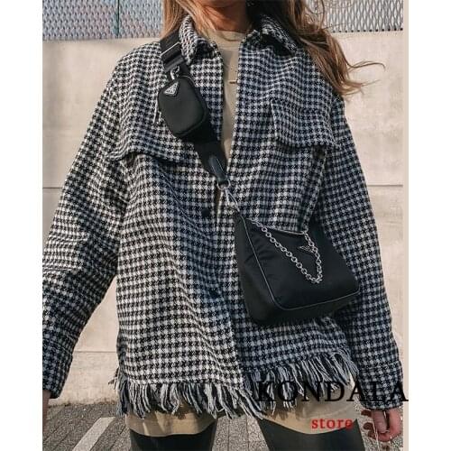 KONDALA Womens Blazer Za Office Lady Plaid Tassel Fashion 2021 Blazer Casual Oversized Long Sleeve Jacket Women Elegant Outwear