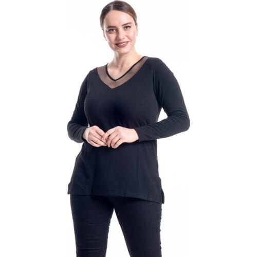 Hanezza Plus Size V-Neck Tulle Detailed Bluz