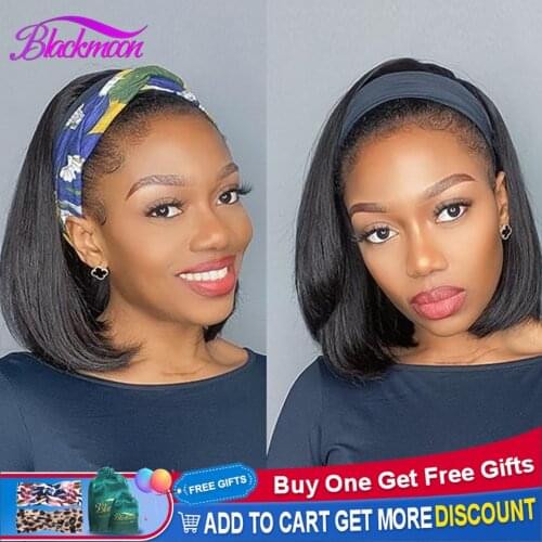 Brazilian Straight Bob Elastic Headband Wig Remy Human Hair Glueless Wigs for Black Women Short Hair 10-16inch Machine Made
