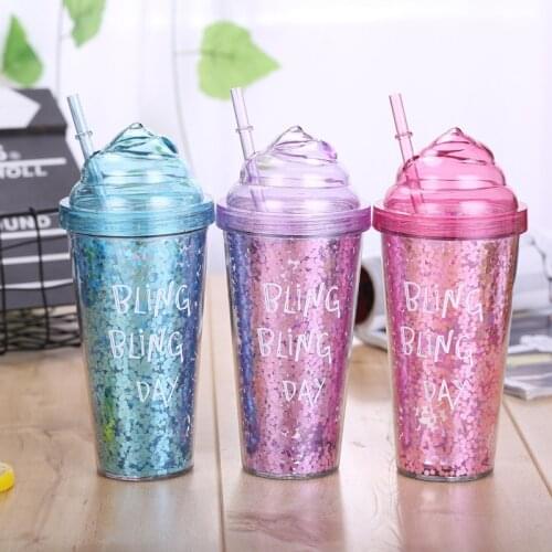 Glitters Pattern Double Layer Plastic Straw Bottle Innovative Household Gift Ice Cream Straw Drink Water Bottle Tumbler Cup Mugs