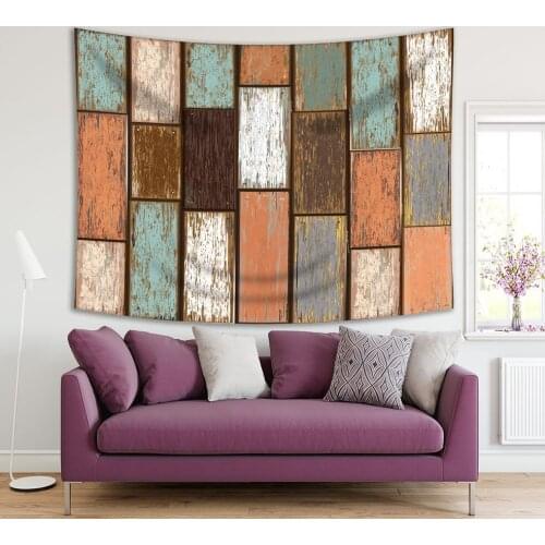 Tapestry Old Wood Wall with Vertical Panels Weathered Rough Retro Decorating Print Blue Brown Beige
