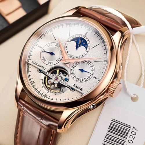 LIGE Classic Mens Retro Watches Automatic Mechanical Watch Tourbillon Clocks Genuine Leather Waterproof Business Wristwatch 2021