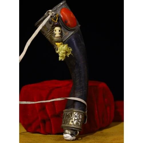 8"Tibet Temple Collection Old Horns mosaic Tibetan silver snuff bottle Skull head Town House Exorcism