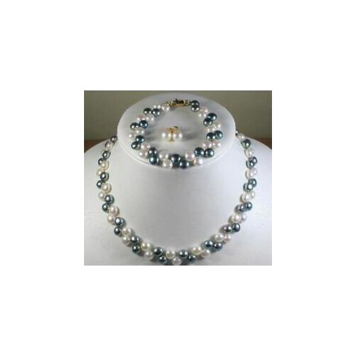 Beautiful! 2Rows7-8MM Black White Pearl Necklace Bracelet Earrings Set--14.jpg