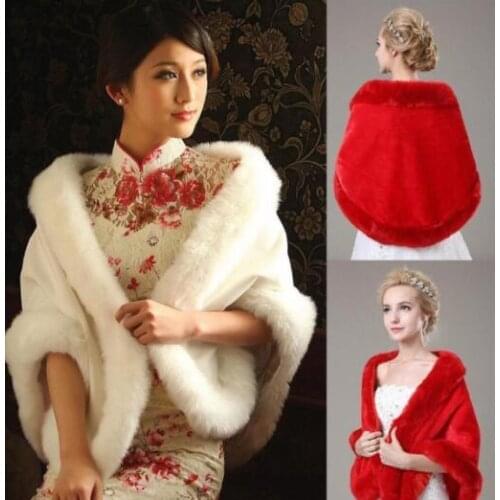Red Ivory White Faux Fur Jacket Winter Warm Wrap Shrug Bolero Shawl Cape Bridal Wedding Coat