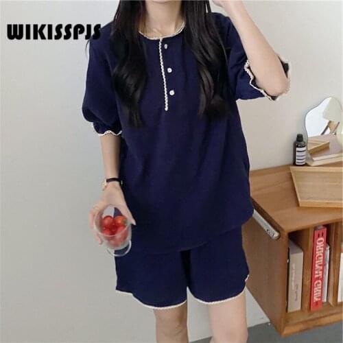 WIKISSPJS Summer New Cotton Korean Pajamas Girl Lace Pullover Two Piece Home Clothes Sleep Tops Lounge Wear Bedroom Set