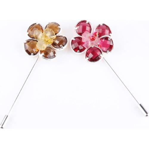 Fashion Delicate Shiny Pink/Coffee Faceted Crystal Glass Beads Petal Flower Silver color Copper Long Needle Collar Lapel Pin