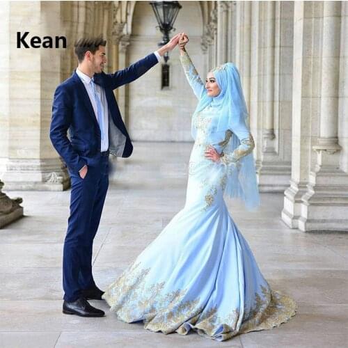 Sky Blue Muslim Evening Dress Full Sleeve Gold Applique Scarf Beaded Islamic Dubai Kaftan Saudi Arabic Evening Gown Prom Dress