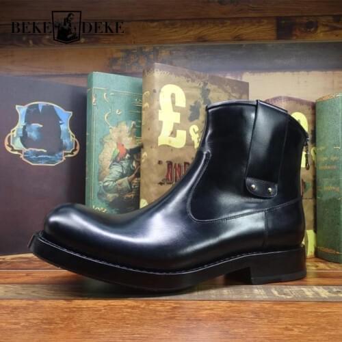 England Style Mens Round Toe High-Top Genuine Leather Boots Zippers Breathable Cowhide Add Wool Winter Warm Outdoor Ankle Boot