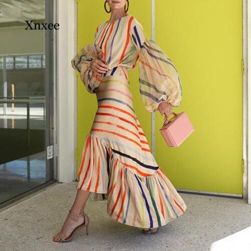 Autumn Ladies Boho Style Two-Piece Striped Print Pullover Asymmetric Skirt Elegant Office Ladies Suit