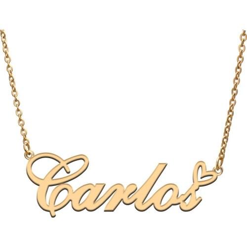 Love Heart Carlos Name Necklace for Women Stainless Steel Gold & Silver Nameplate Pendant Femme Mother Child Girls Gift