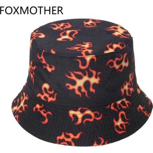 FOXMOTHER New Punk Reversible Black Panama Bob Fishing Caps Flame Pattern Bucket Hat For Mens Hip Hop Gorro Dropshipping
