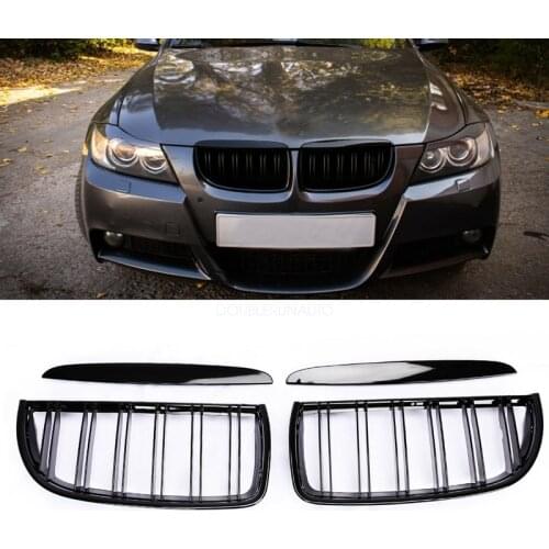 Front Kidney Grille Hood Grills -Double Line for BMW E90 E91 323I 328I 335I 330I 325I 3-Series 2005-2008 (Gloss Black)