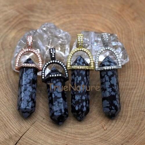 Wholesale Bullet Charm Double Terminated Snowflake Jaspers Point Pendant Gold Cap Single Bail DIY In 45*10 mm PM7410