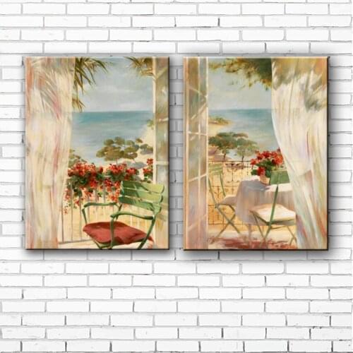 Mediterranean windowsill flowers white landscape canvas printings oil painting printed on canvas wall art decoration picture