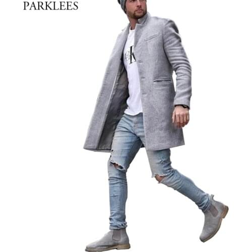2021 New Stand Collar Trench Coat Men Brand Slim Fit Single Breasted Overcoat Mens Casual Gray Outwear Windbreaker Manteau Homme