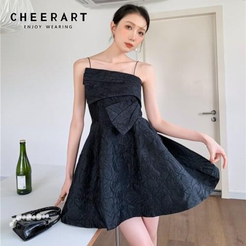 CHEERART Backless Evening Dresses For Women Party Designer Black Backless Spaghetti Strap Swing Ball Gown Mini Elegant Dress