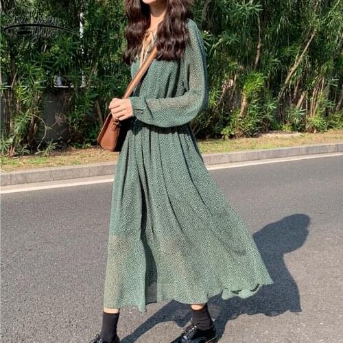 Green Elastic Waist Female Long Dress 2021 A-line Plus Size Midi Dress Vestidos Femme Spring Polka Dot Vintage Women Dress 9886