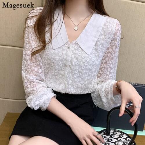 Autumn Chic Crochet Lace Blouse Women Embroidery Floral Long Sleeve White Shirts Fashion Doll Collar Lapel Ladies Tops 13981
