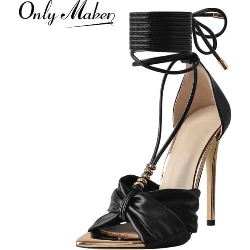 Onlymaker Womens Summer Lace-Up Sandals Pointed Toe Matte Black Butterfly Stiletto High Heel Shoes Cover Heel Large Size Party